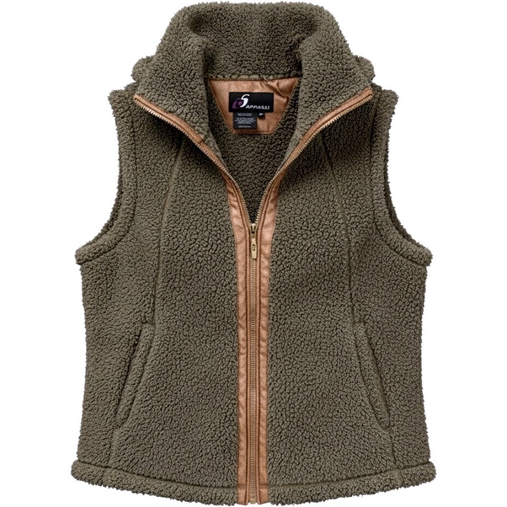 i5 Apparel Womens XXL Sherpa Fleece Vest Olive Green Faux Leather Trim Full Zip